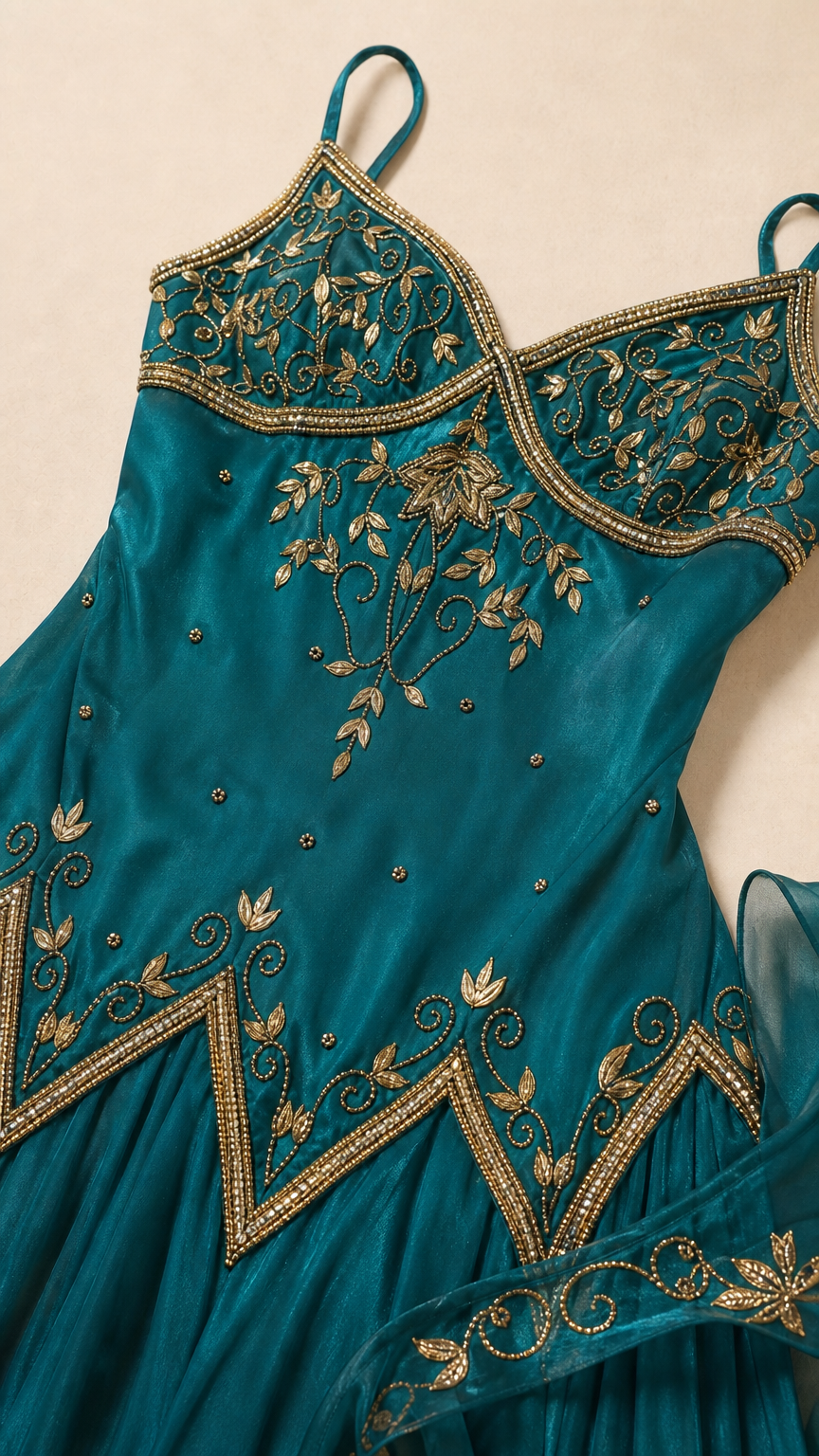 Close-up detail of metallic gold embroidery and beadwork on Teal bodice