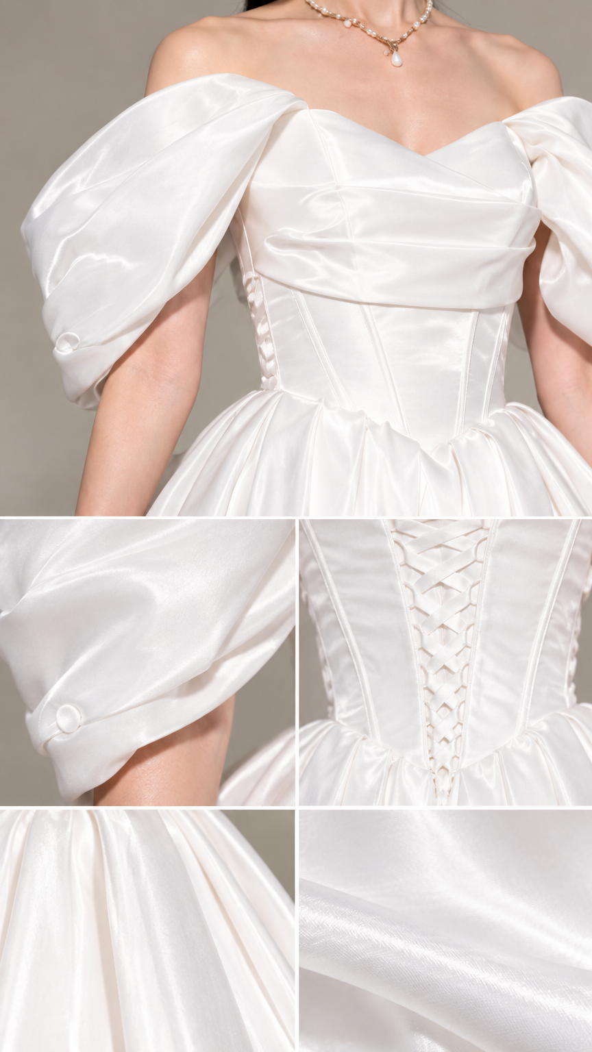 Detailed close-up views of white corset bodice, puff sleeve button cuff, and lace-up back