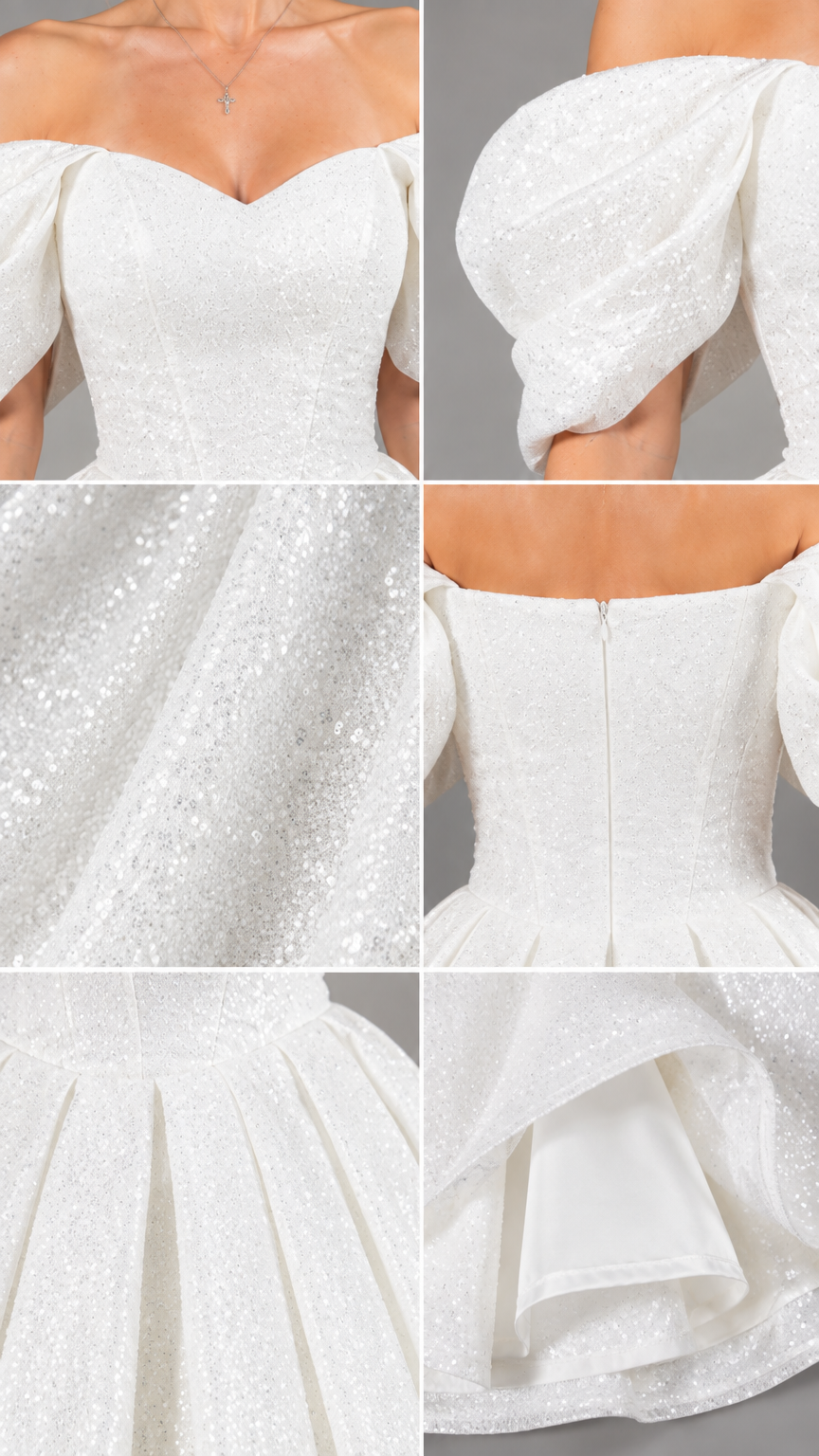 Close-up details of neckline, sleeve texture, back zipper, and glitter fabric