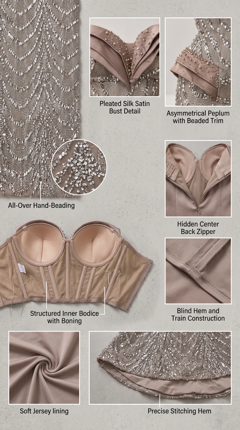 Close-up detail collage showing beaded fabric, pleated satin bust, boned bodice, and hem construction