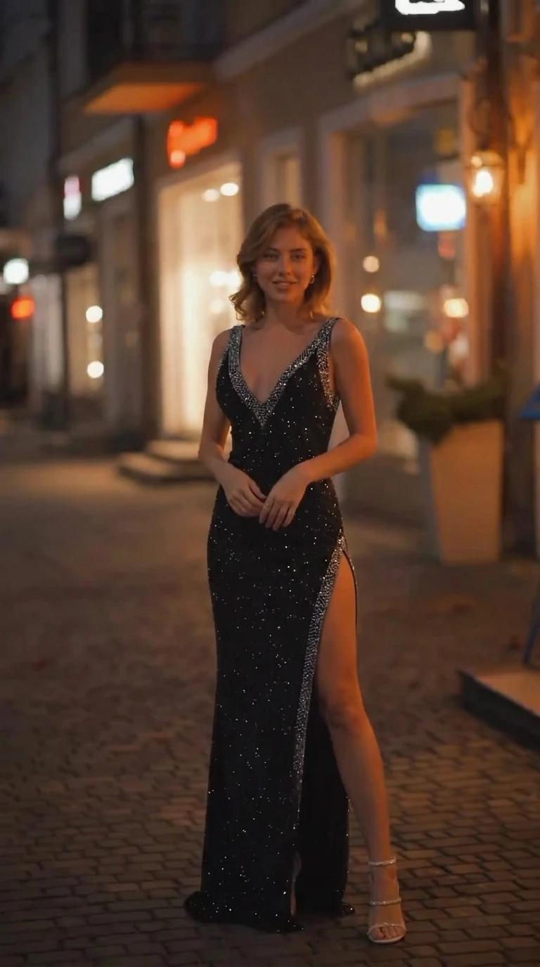 Full-length front view of black rhinestone embellished V-neck evening gown with side slit