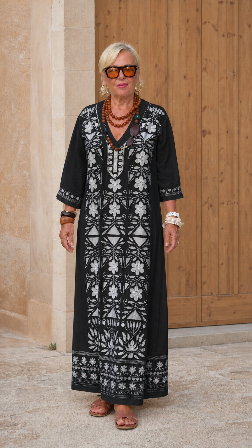 Front view of woman wearing black embroidered kaftan maxi dress