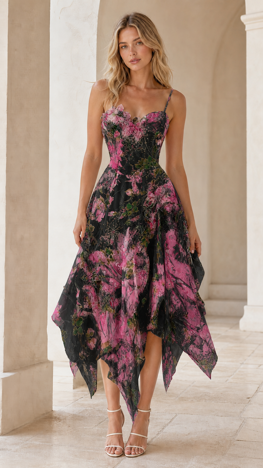 Model wearing black and pink floral asymmetric handkerchief midi dress