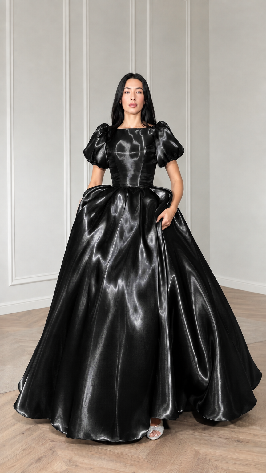 Front view of model wearing black satin puff sleeve ball gown