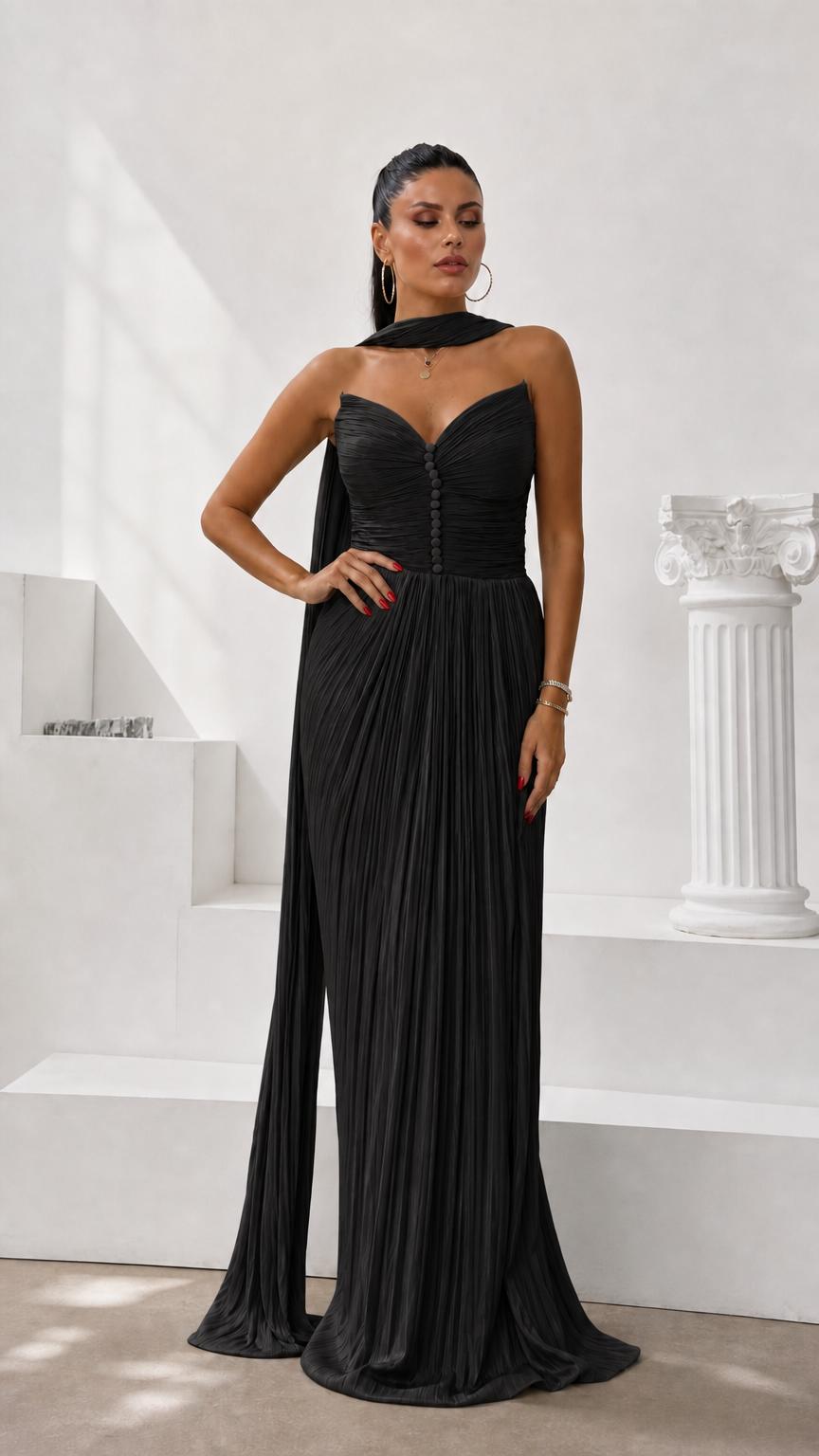 Black strapless pleated maxi evening gown with matching neck drape