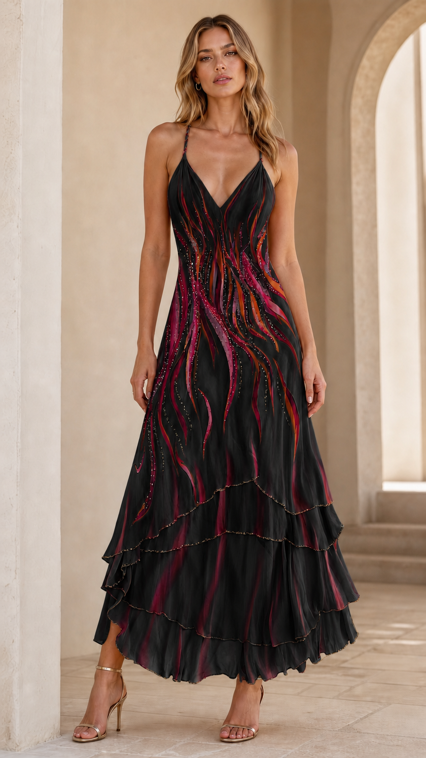 Woman wearing Classic Black abstract print tiered V-neck maxi dress