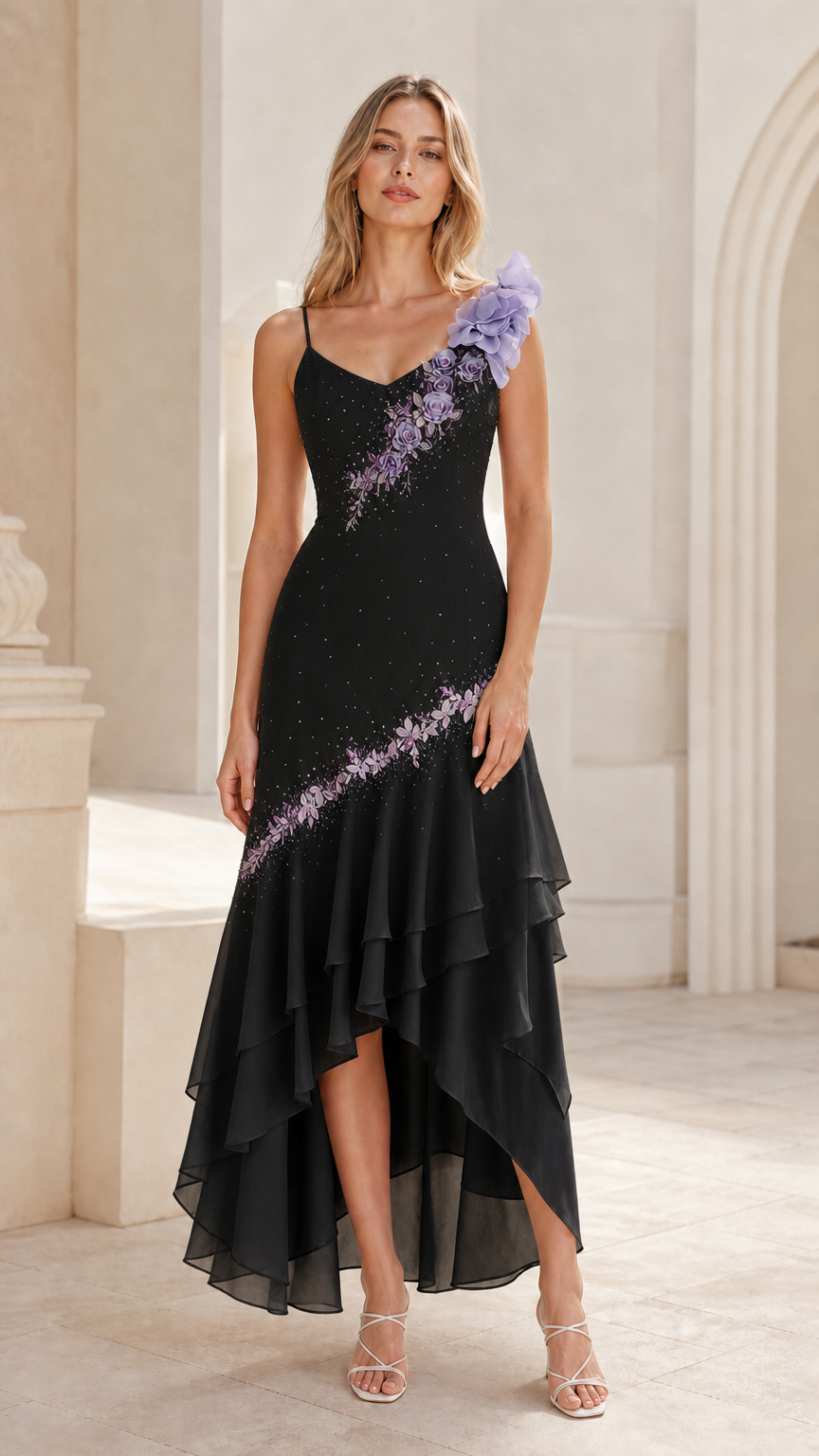 Black asymmetrical high-low chiffon formal dress with floral beading