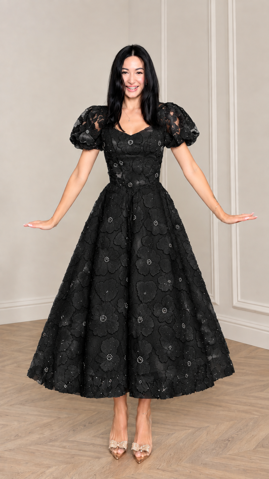 Front view of woman wearing Black floral applique puff sleeve midi dress