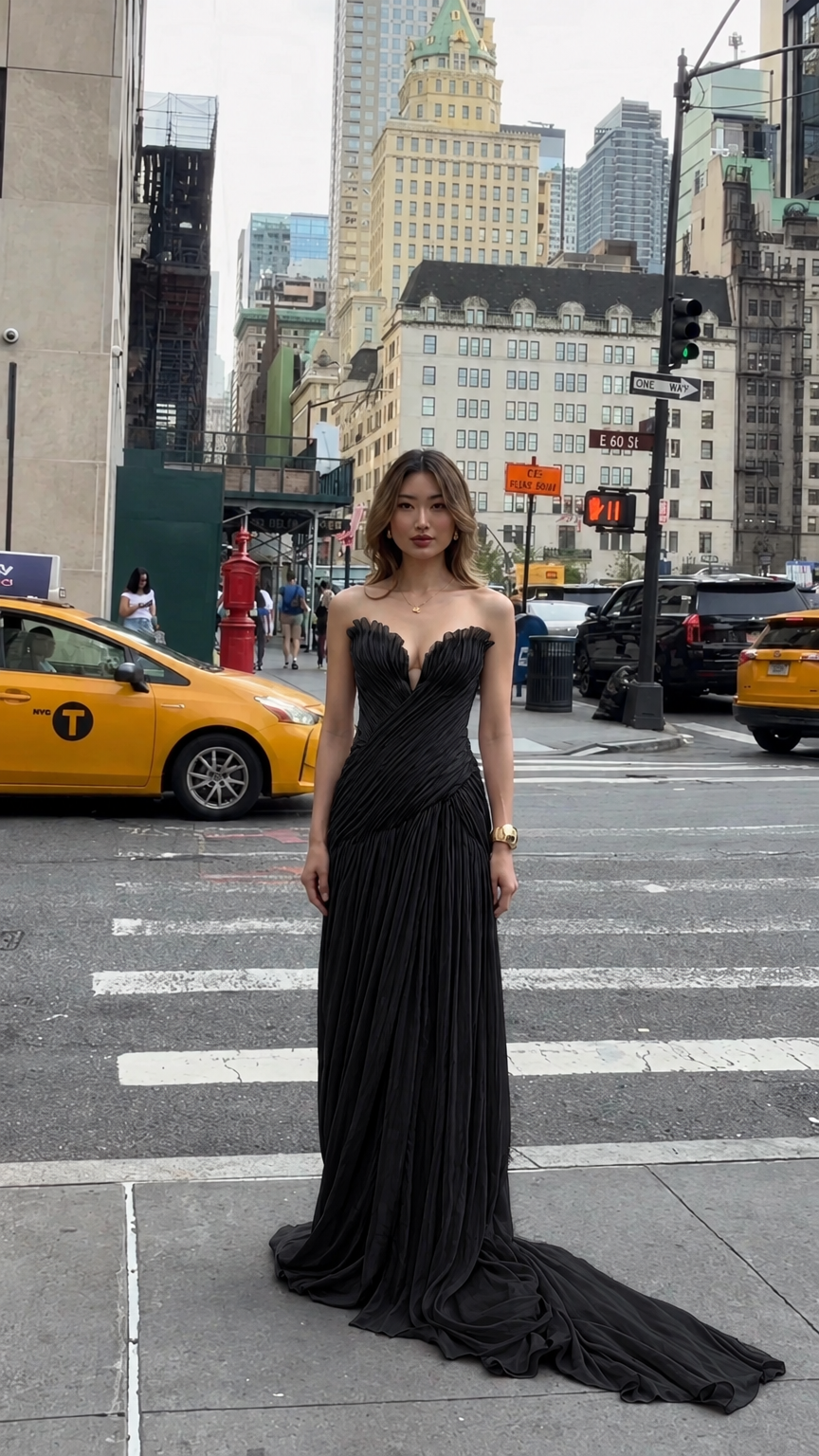 Front full-length view of woman in black strapless pleated chiffon evening dress with train