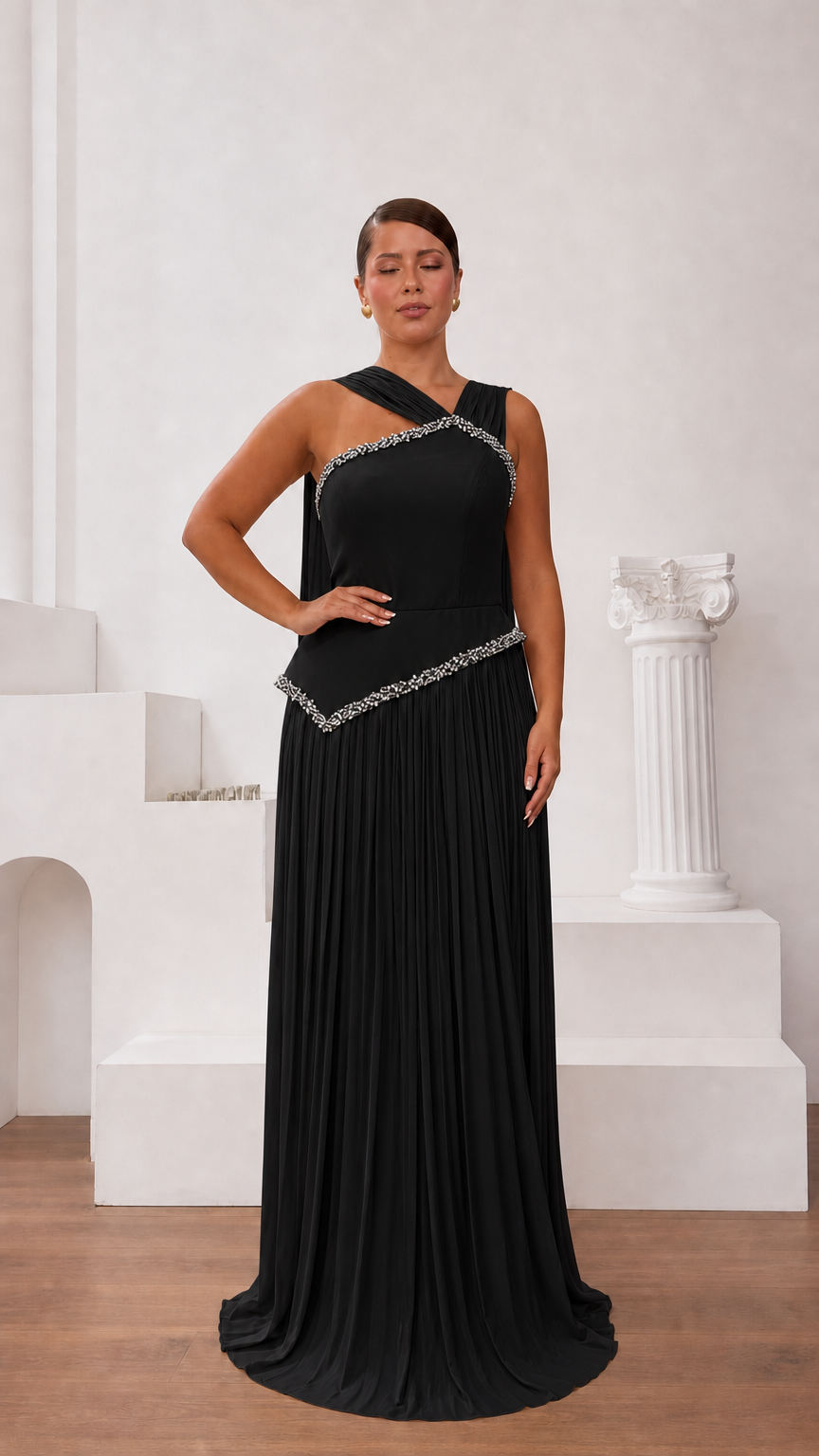 Black one-shoulder pleated formal evening gown