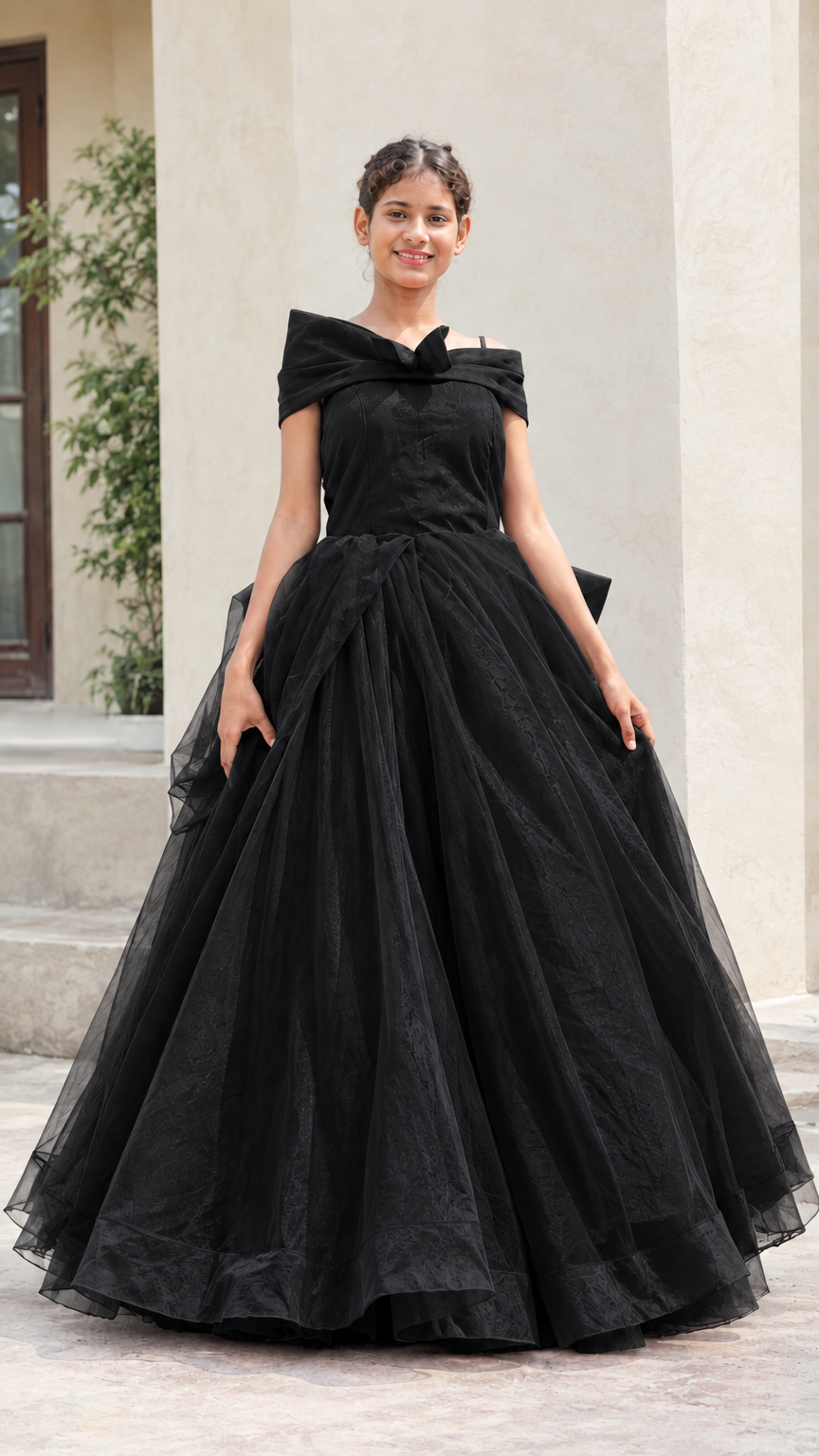 Front view of model posing in black off-the-shoulder ball gown