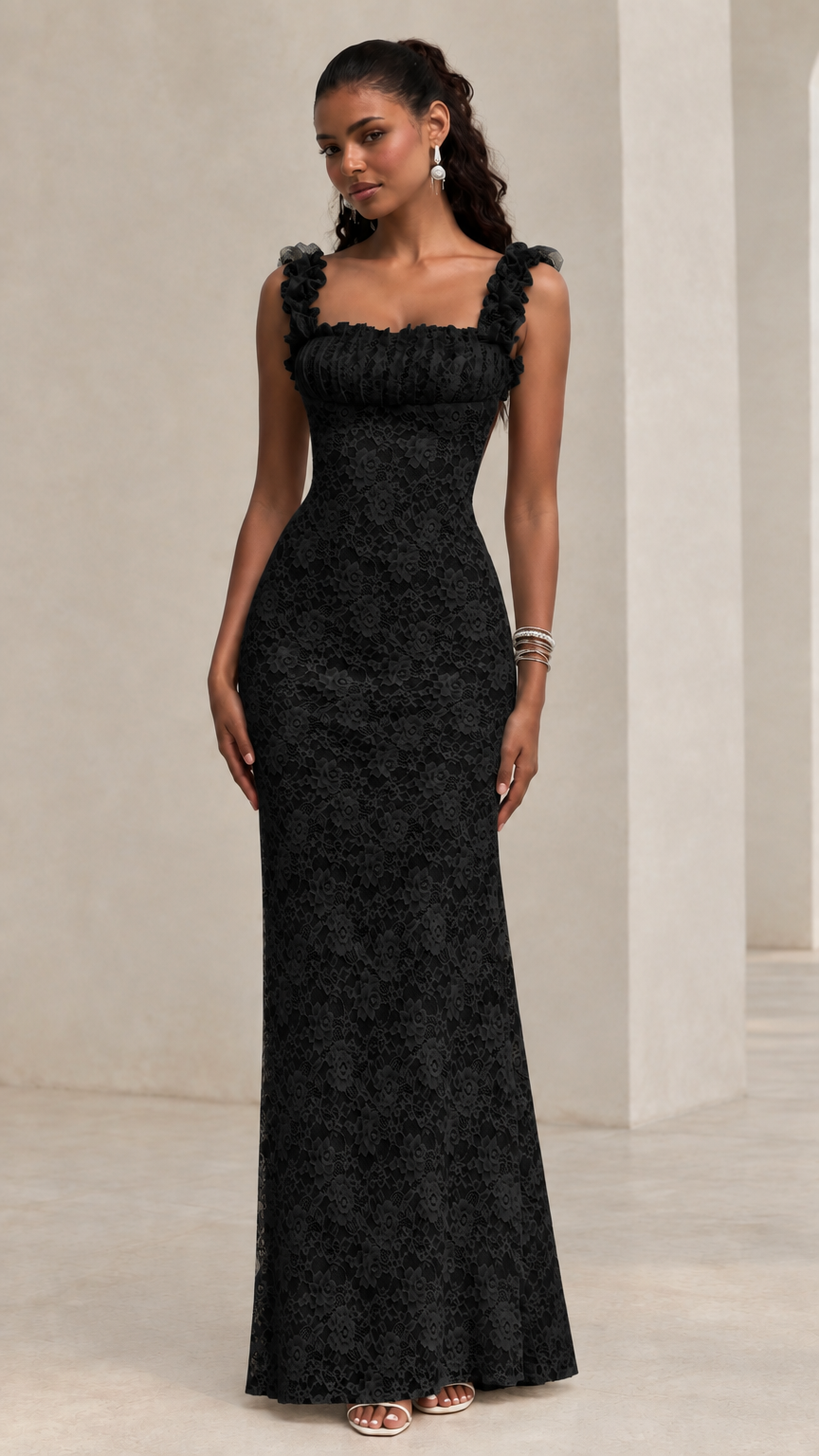 Black floral lace sleeveless maxi dress with ruffled straps on model front view