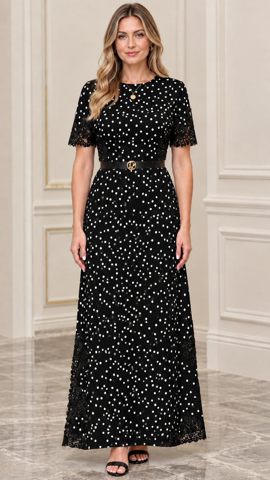 Black polka dot maxi dress with black lace trim and waist belt