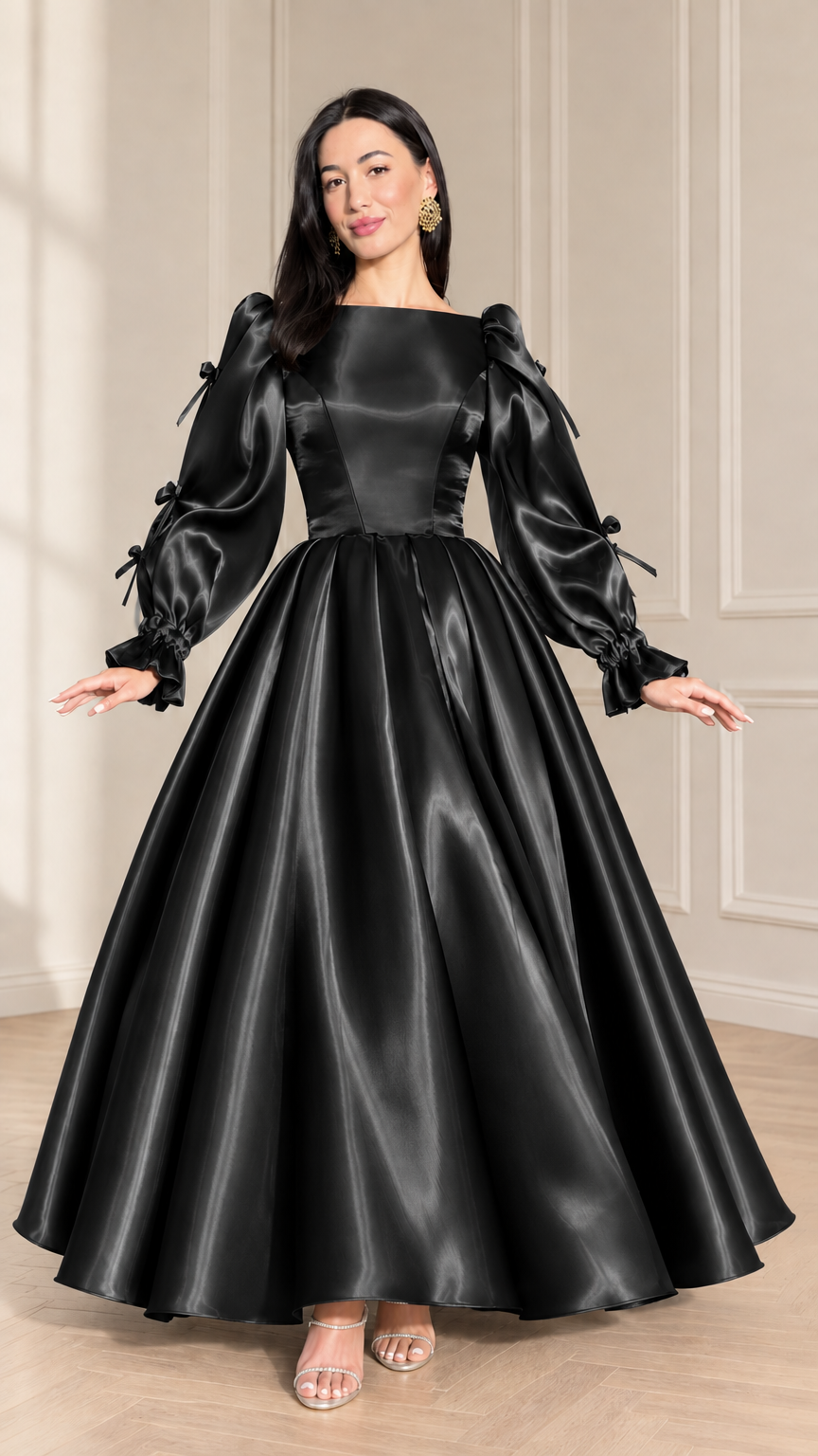 Front full-length view of black satin ball gown with puff sleeves