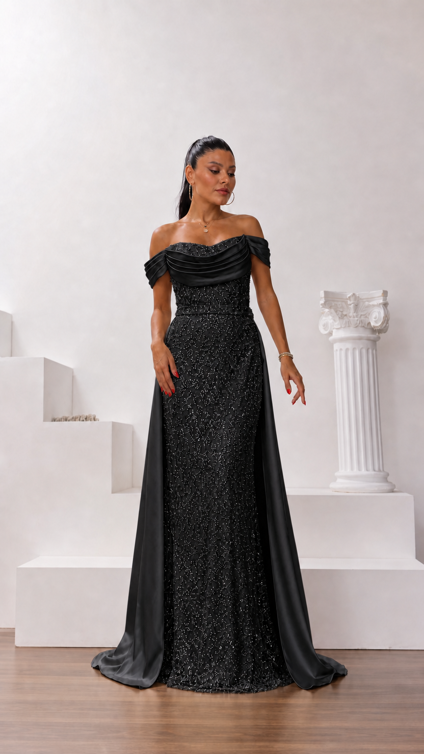 Black off-the-shoulder sequin evening gown with draped satin overskirt