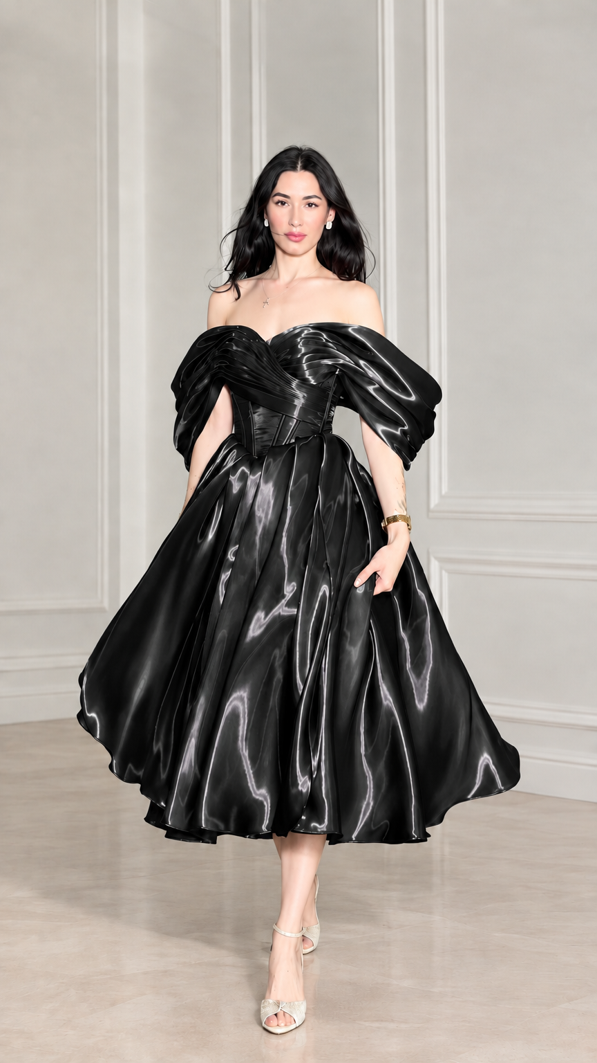 Model wearing black off-shoulder corset satin midi dress