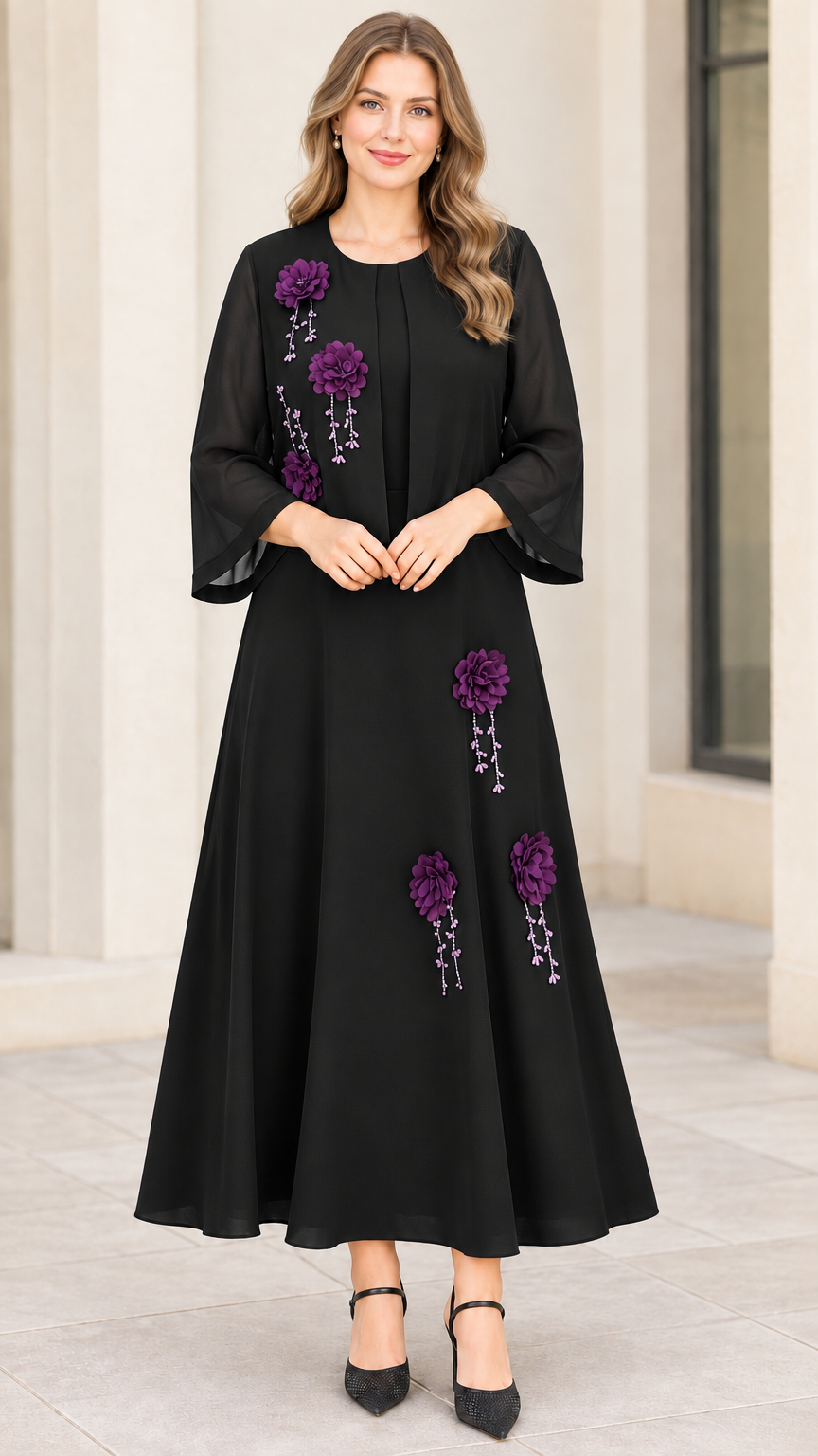 Full front view of black chiffon maxi dress with purple floral appliqué embellishments and matching jacket
