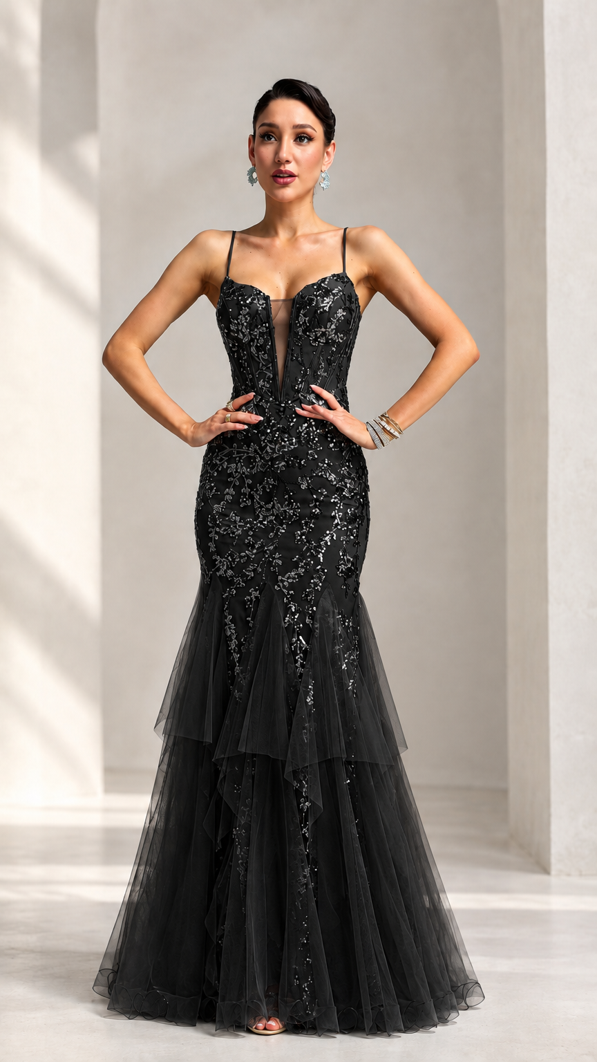 Front view of model wearing black sequin embroidered corset mermaid evening gown with tiered tulle skirt