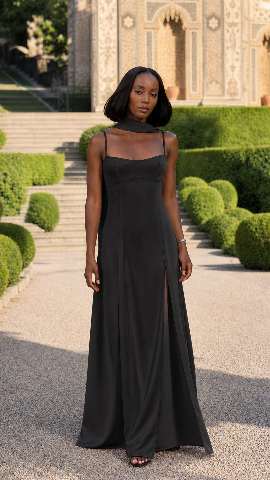 Woman wearing black spaghetti strap maxi formal dress with matching neck scarf