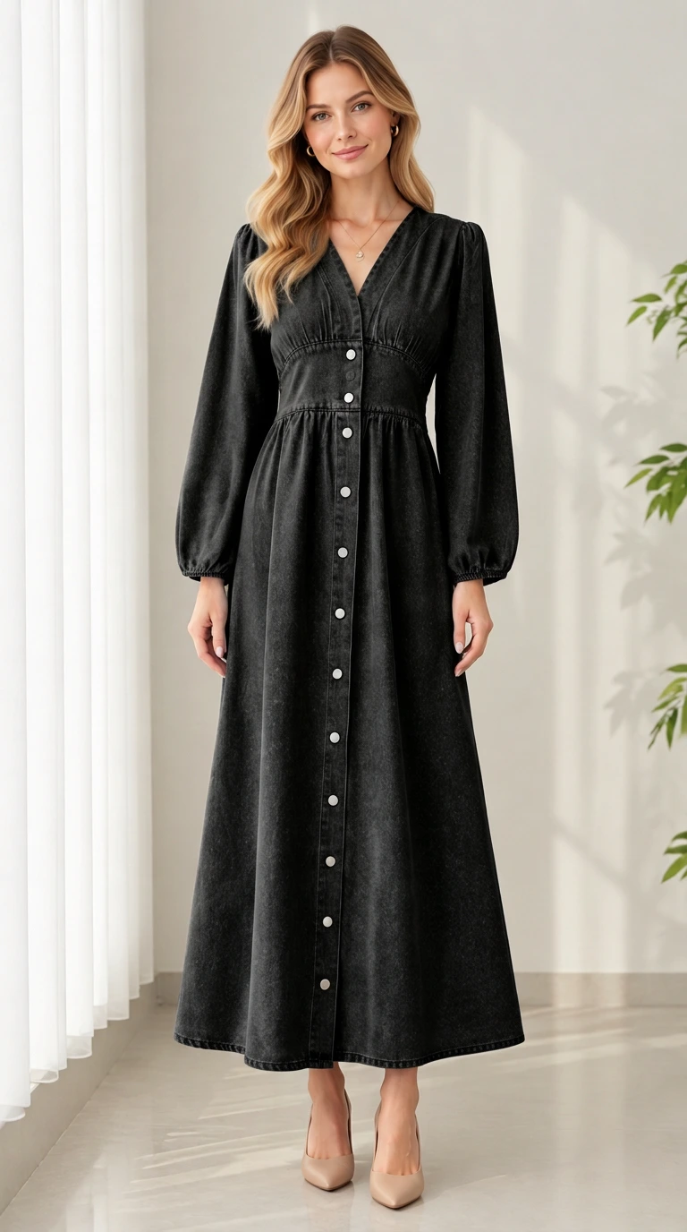 Front view of model wearing Washed Black button-front long sleeve denim maxi dress
