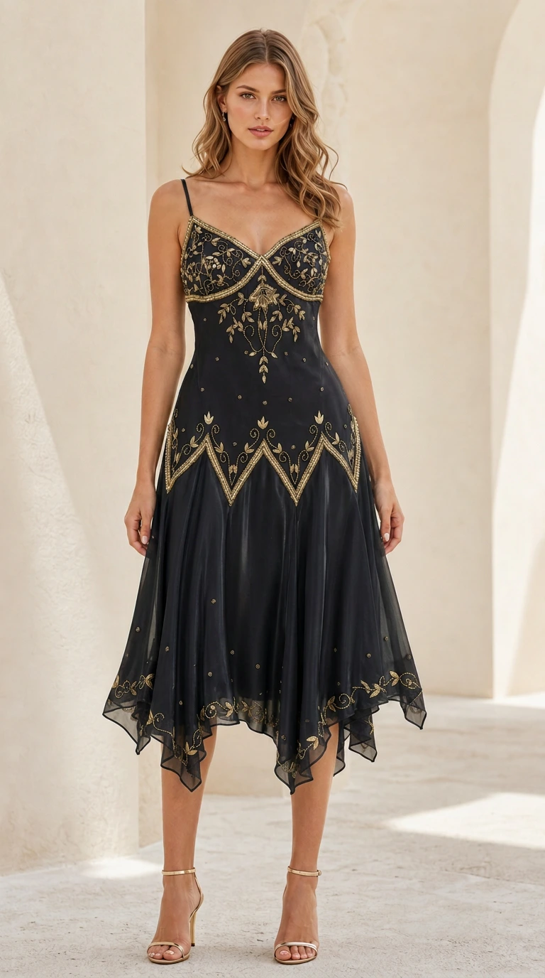 Front view of model wearing Black and gold beaded handkerchief midi dress