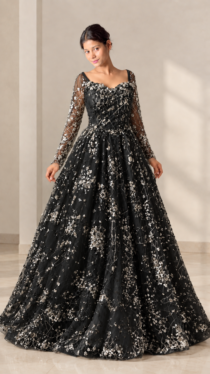 Black floral sequin long sleeve ballgown evening dress front view