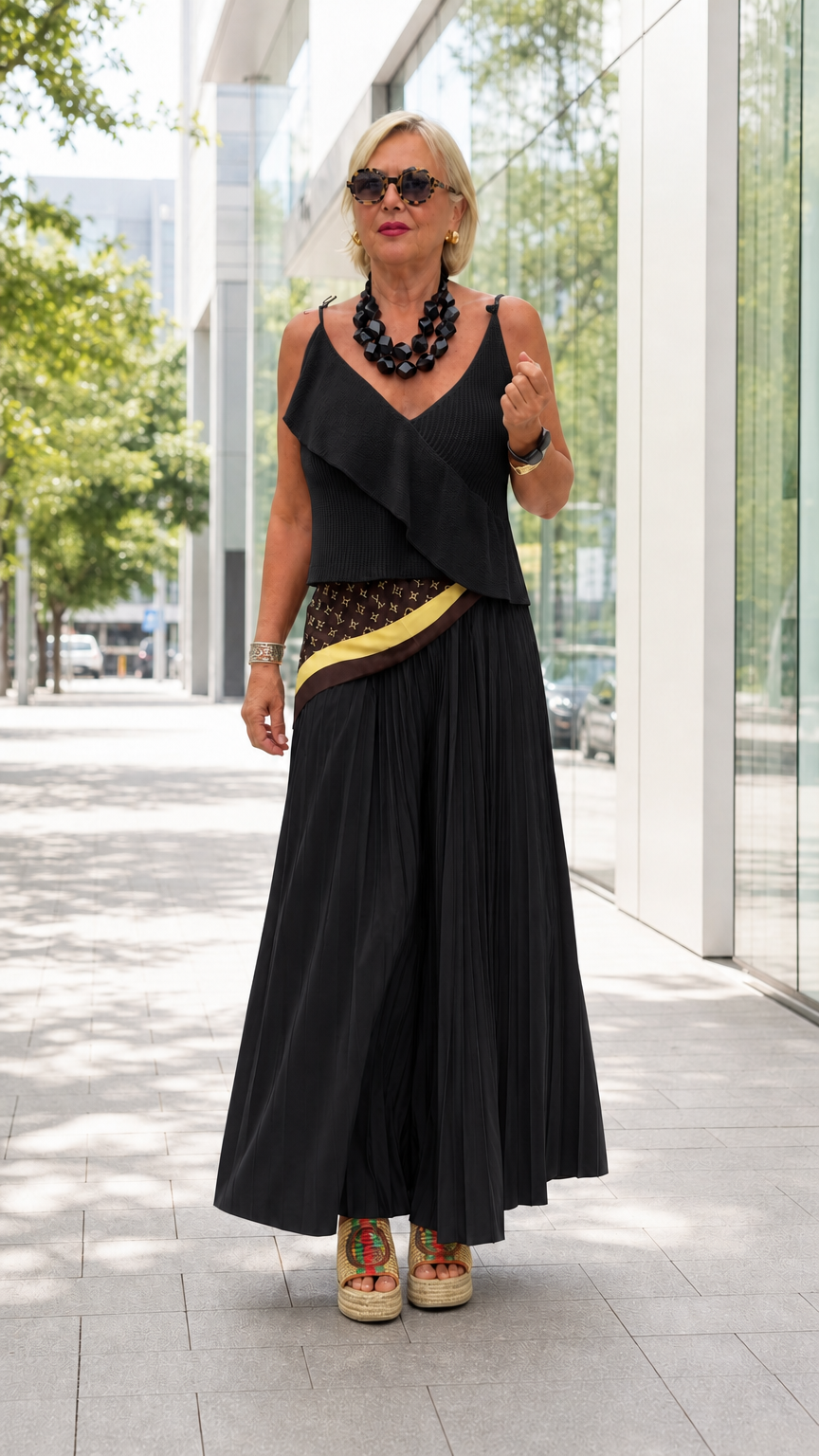 Full front view of black ruffle camisole and pleated wide-leg pants two-piece set