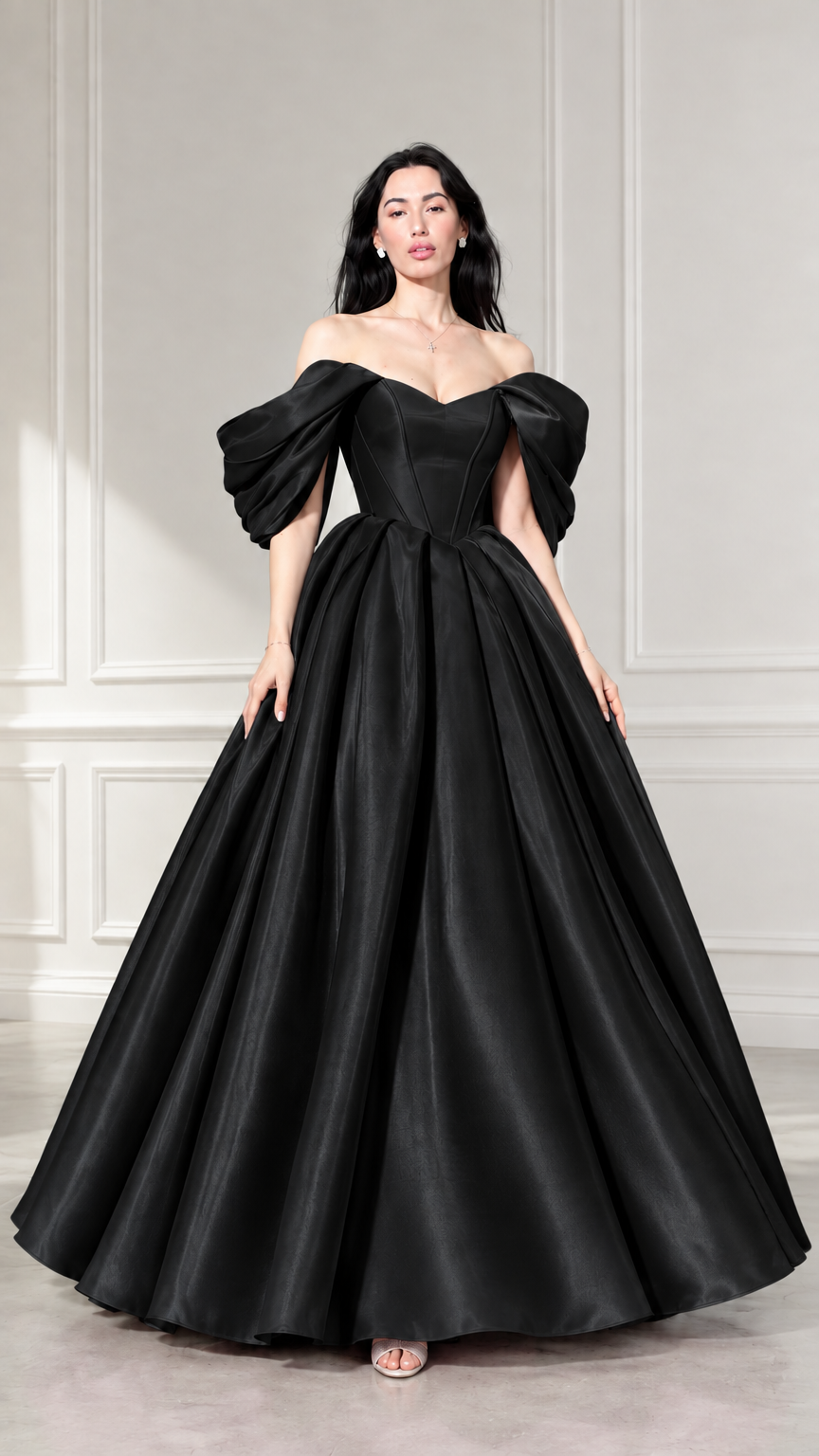 Front view of woman wearing black off-the-shoulder corset satin ball gown