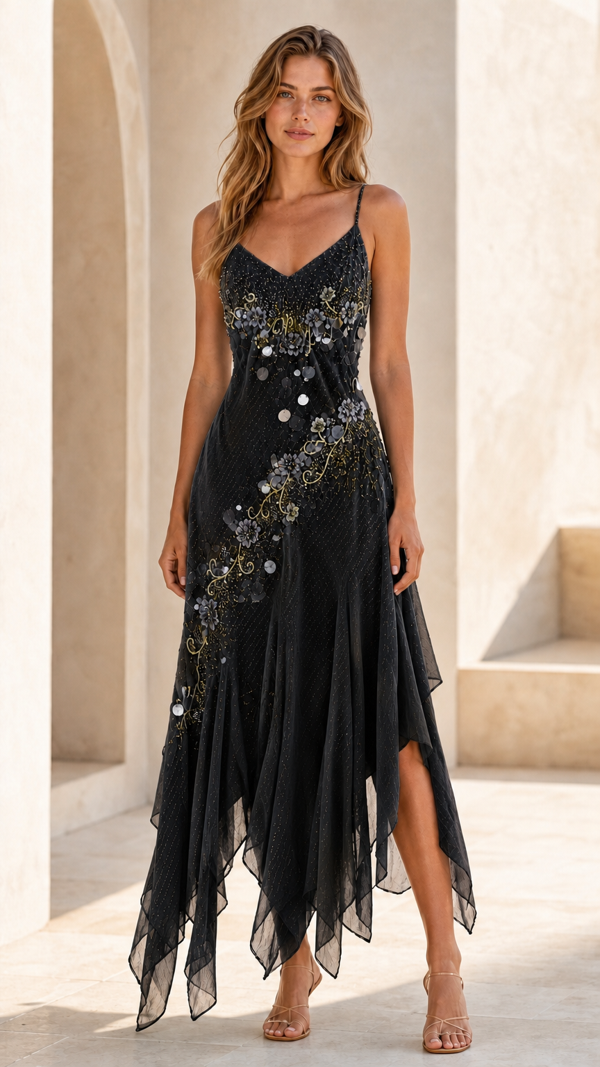 Full front view of black sequin embroidered handkerchief hem cami dress