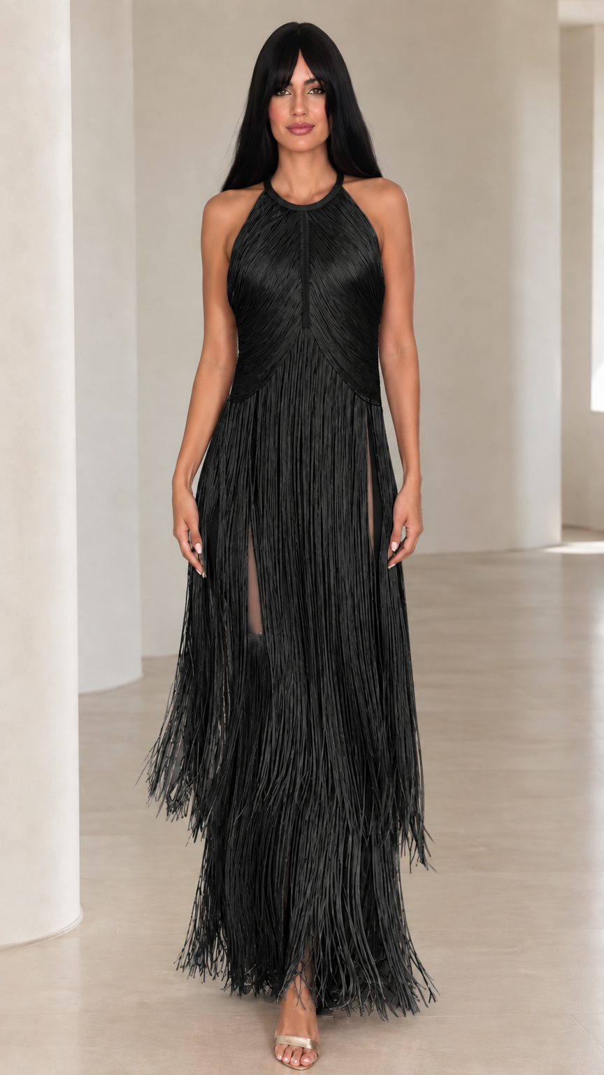 Full front view of black halter neck tiered fringe maxi dress