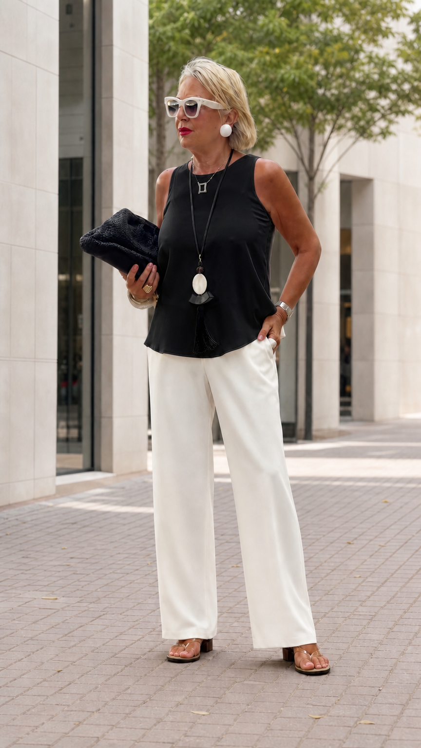 Woman wearing black sleeveless tank top with white wide-leg trousers