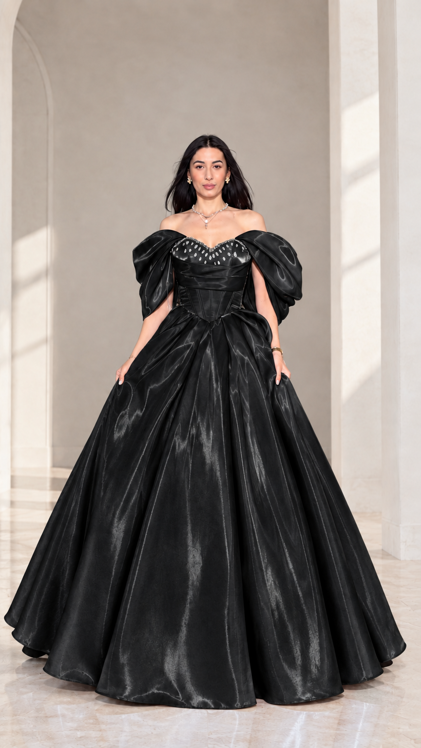 Front view of model wearing black off-shoulder beaded corset ball gown