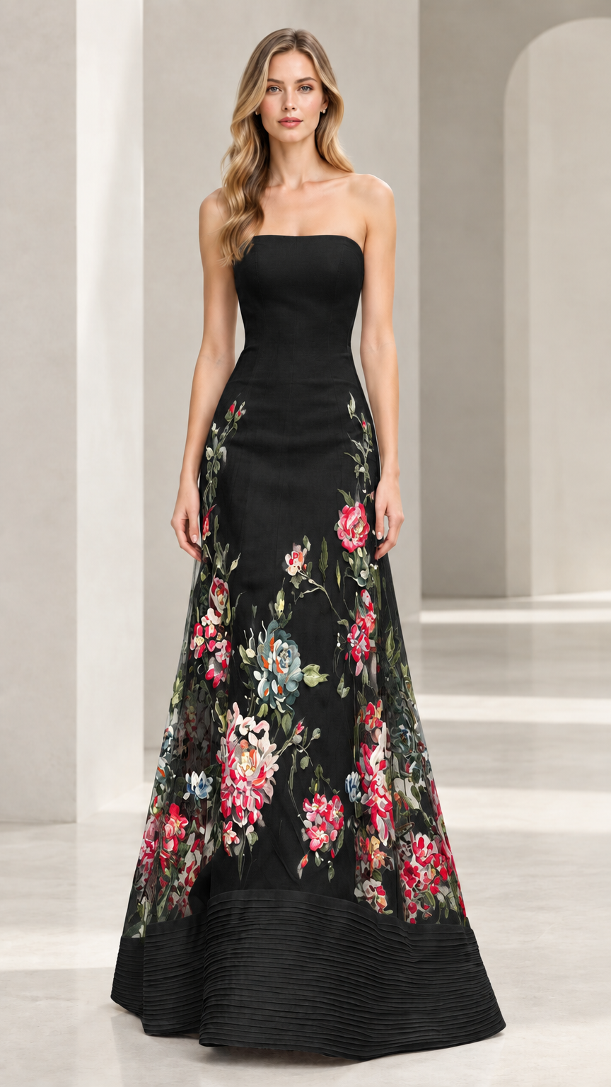 Full front view of black strapless floral embroidered evening gown