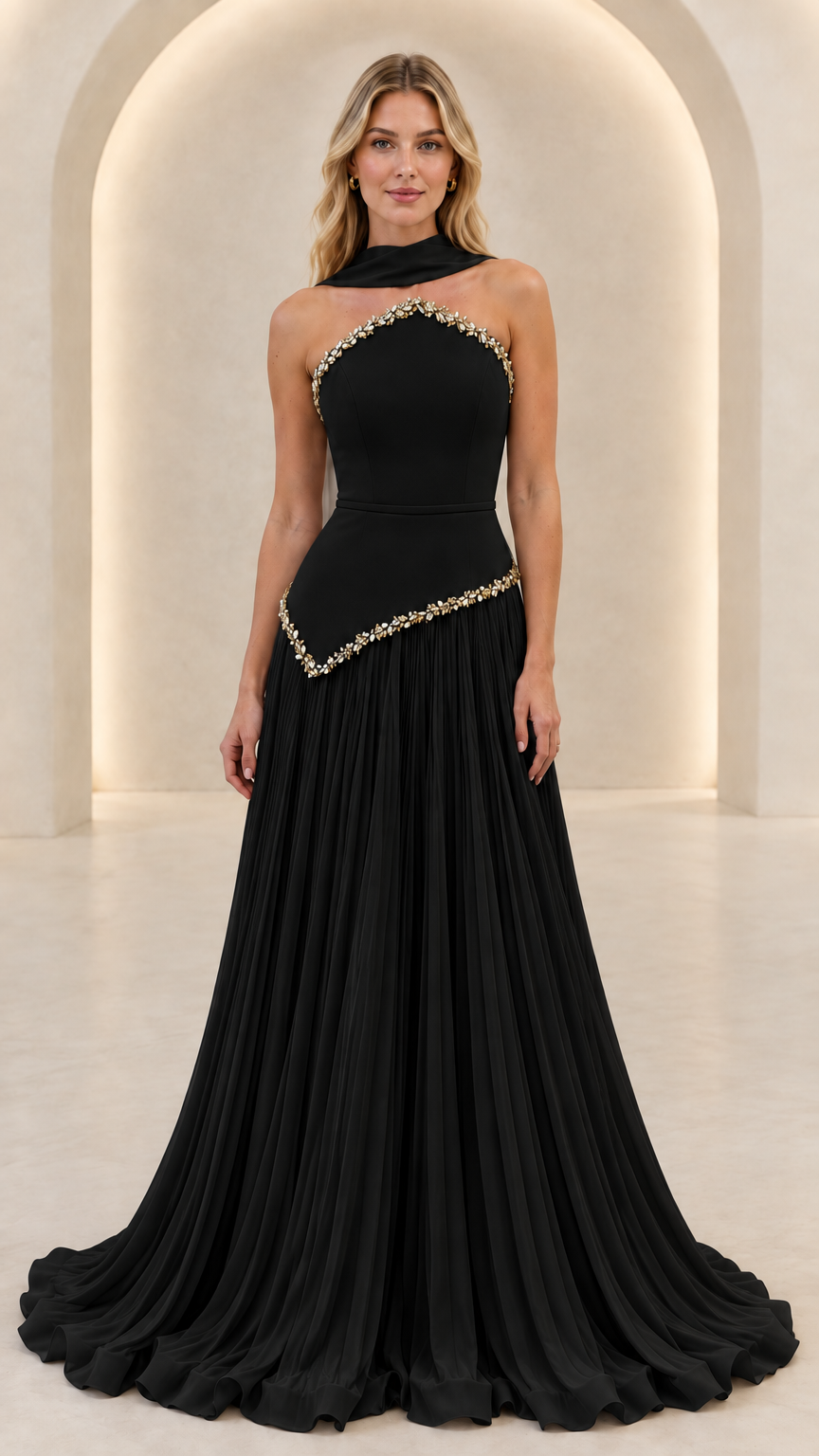 Front view of black halter pleated evening gown with sparkling crystal accents