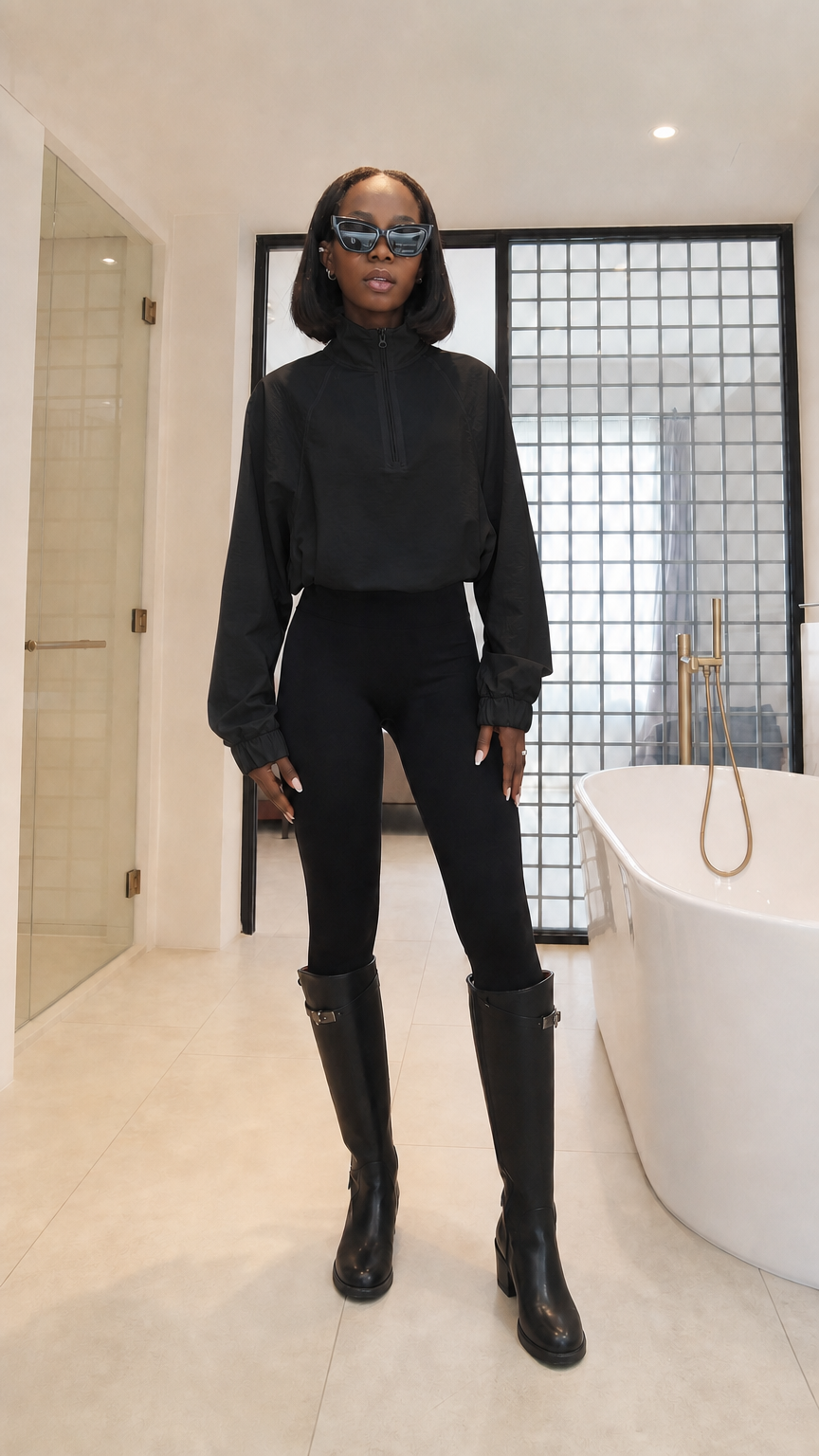 Woman wearing black half-zip windbreaker pullover with black boots