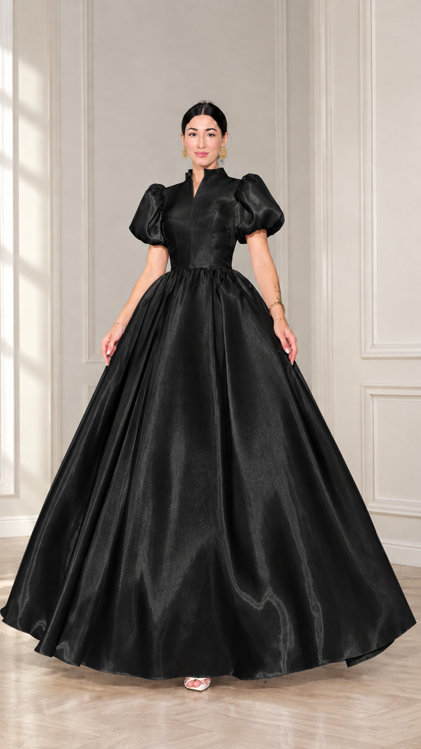 Black puff sleeve high neck satin formal ball gown