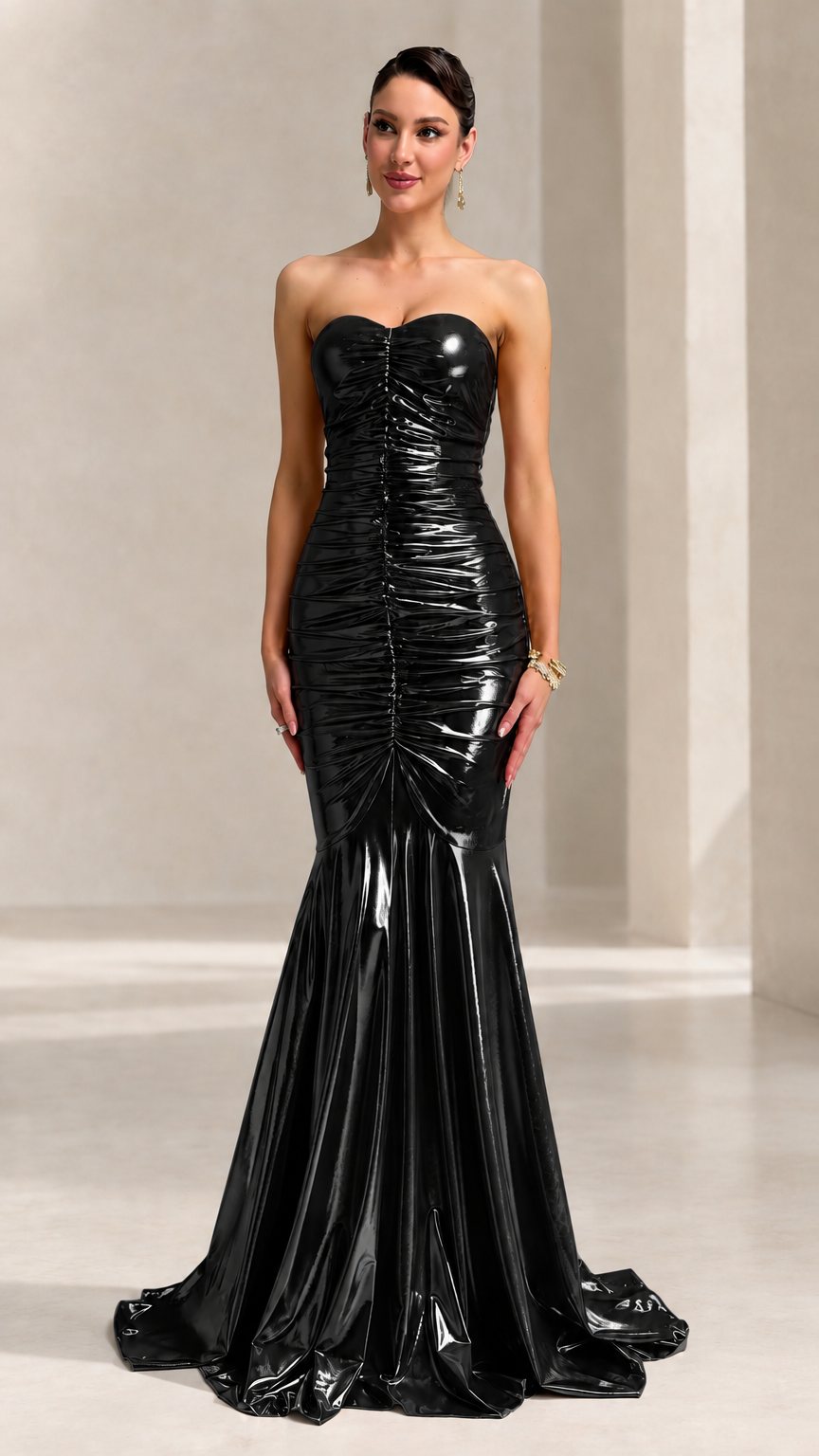 Front view of model wearing the strapless black metallic ruched mermaid evening gown