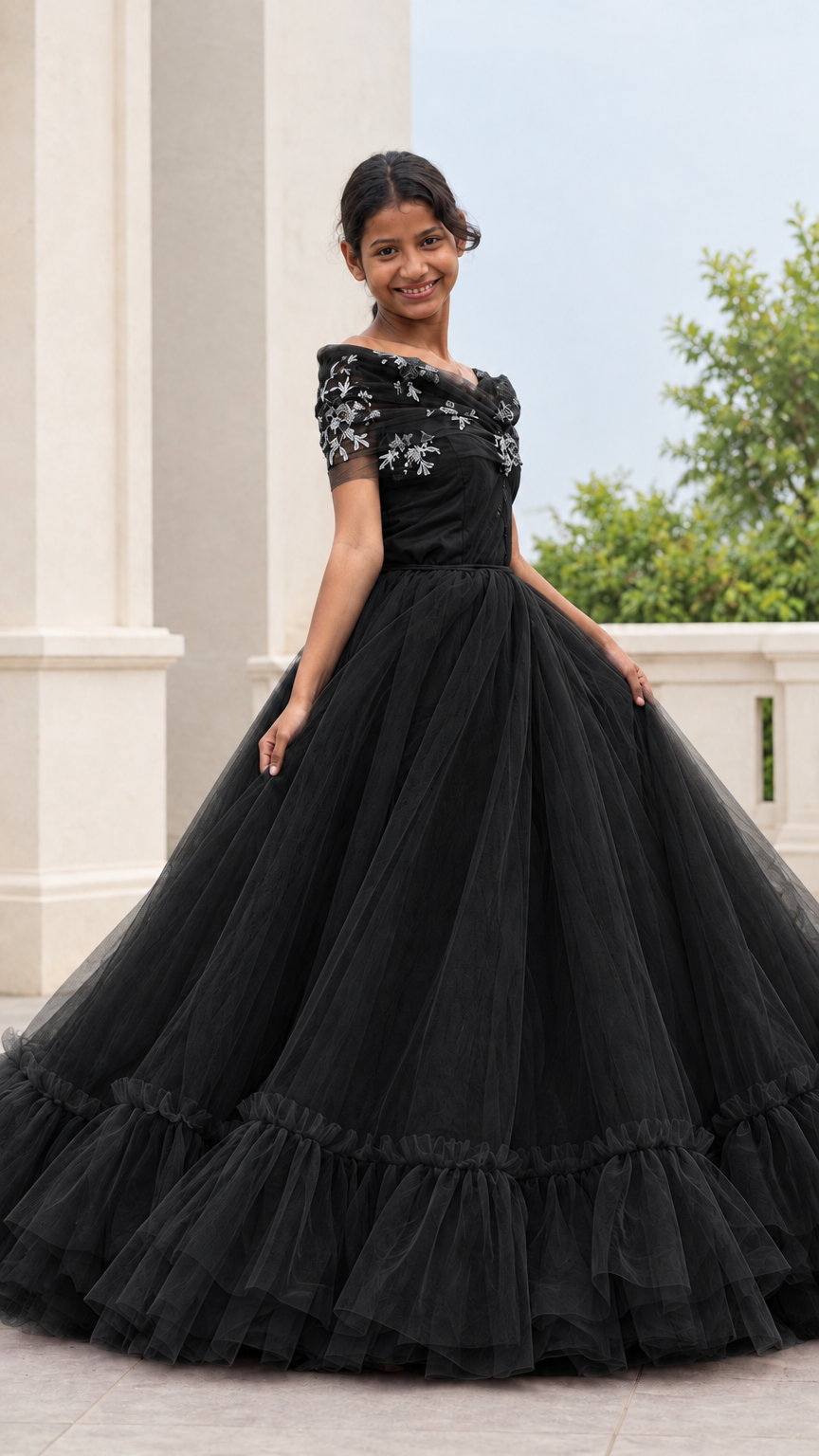 Full front view of a woman wearing a black embroidered tulle ball gown