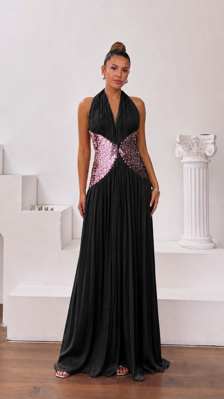 Black pleated halter maxi evening dress with sequin waist detail