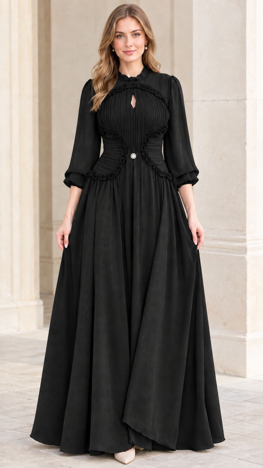 Black long sleeve pleated evening maxi dress front view
