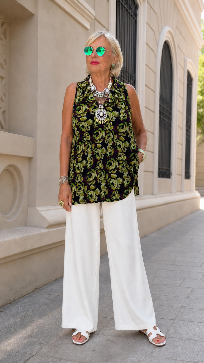 Model wearing black floral print sleeveless mock neck tunic blouse