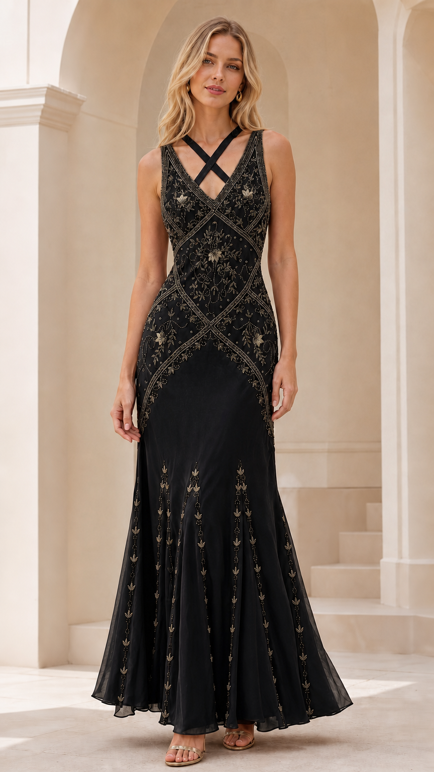 Front view of black beaded crossover strap evening gown