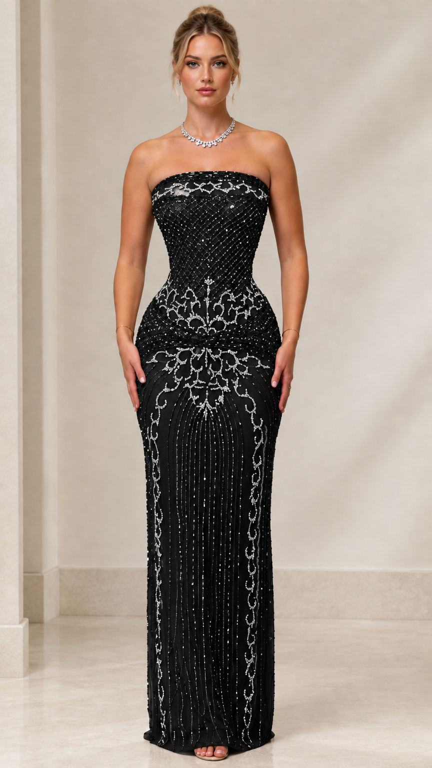 Front view of black strapless beaded evening gown