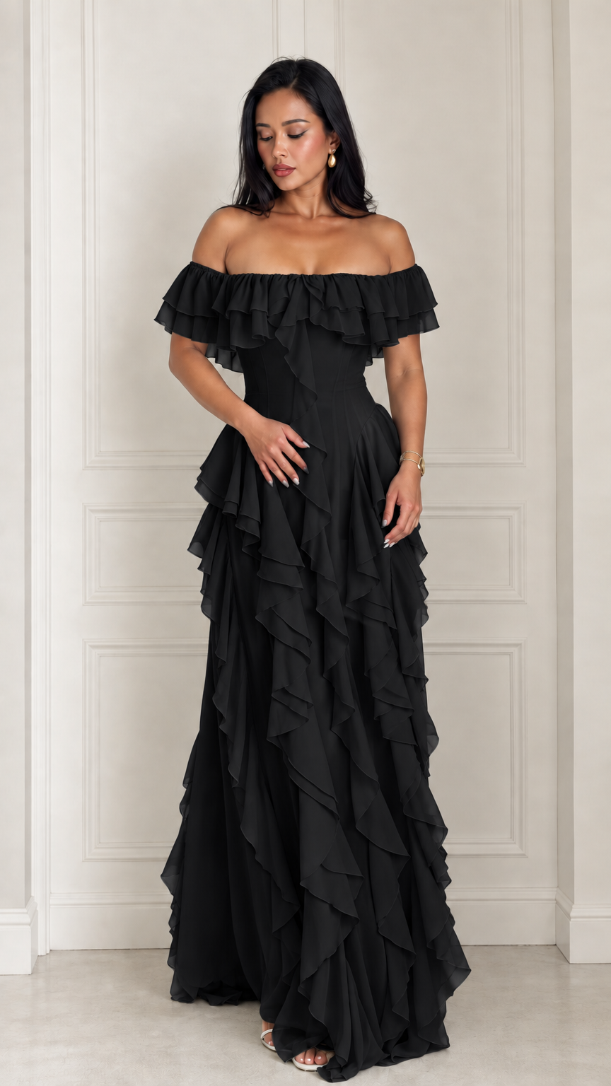 Model wearing the off-the-shoulder tiered ruffle maxi dress in elegant black