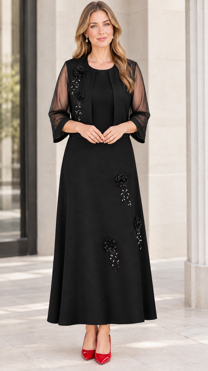 Black two-piece formal maxi dress set with sheer 3/4 sleeve bolero