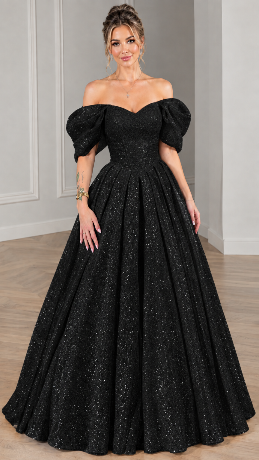 Model wearing black glitter off-the-shoulder formal ball gown