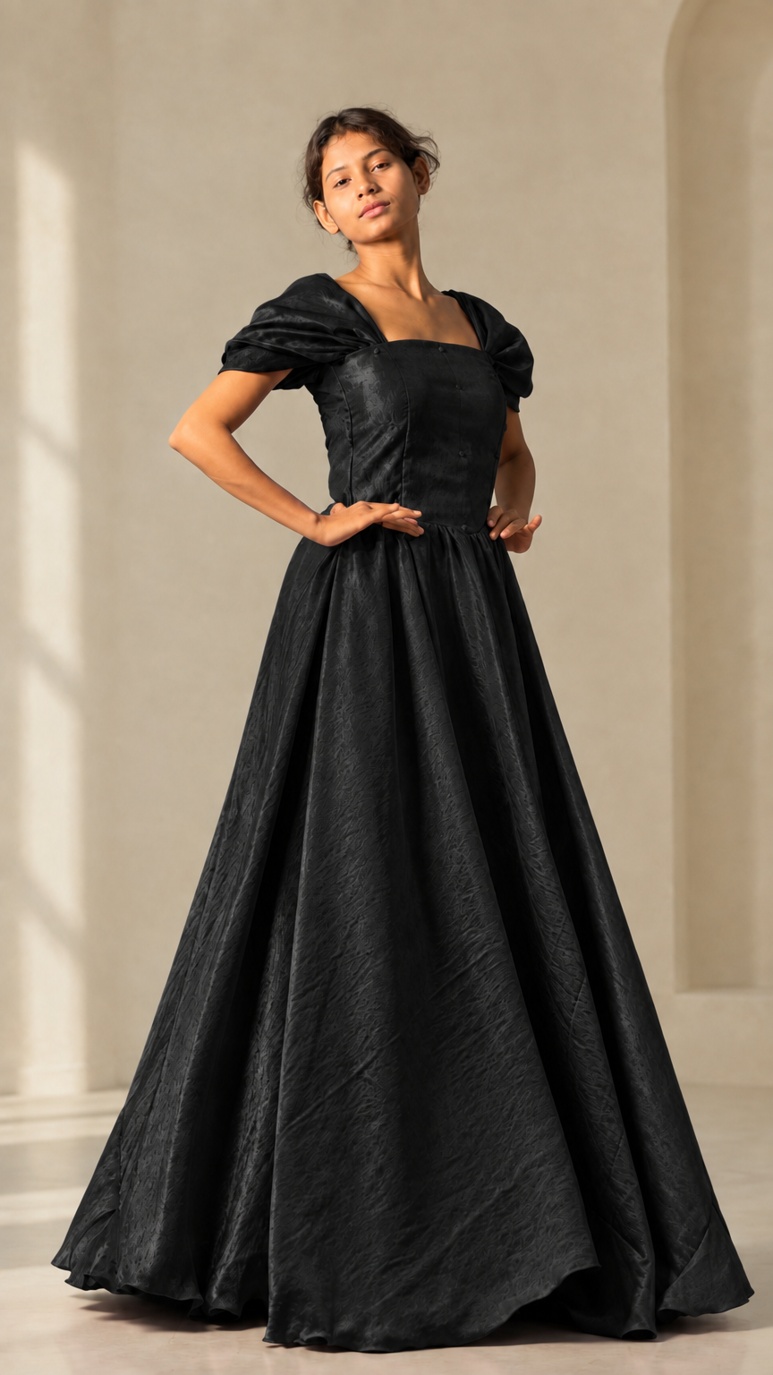 Full-length front view of model wearing black puff sleeve square neck ball gown