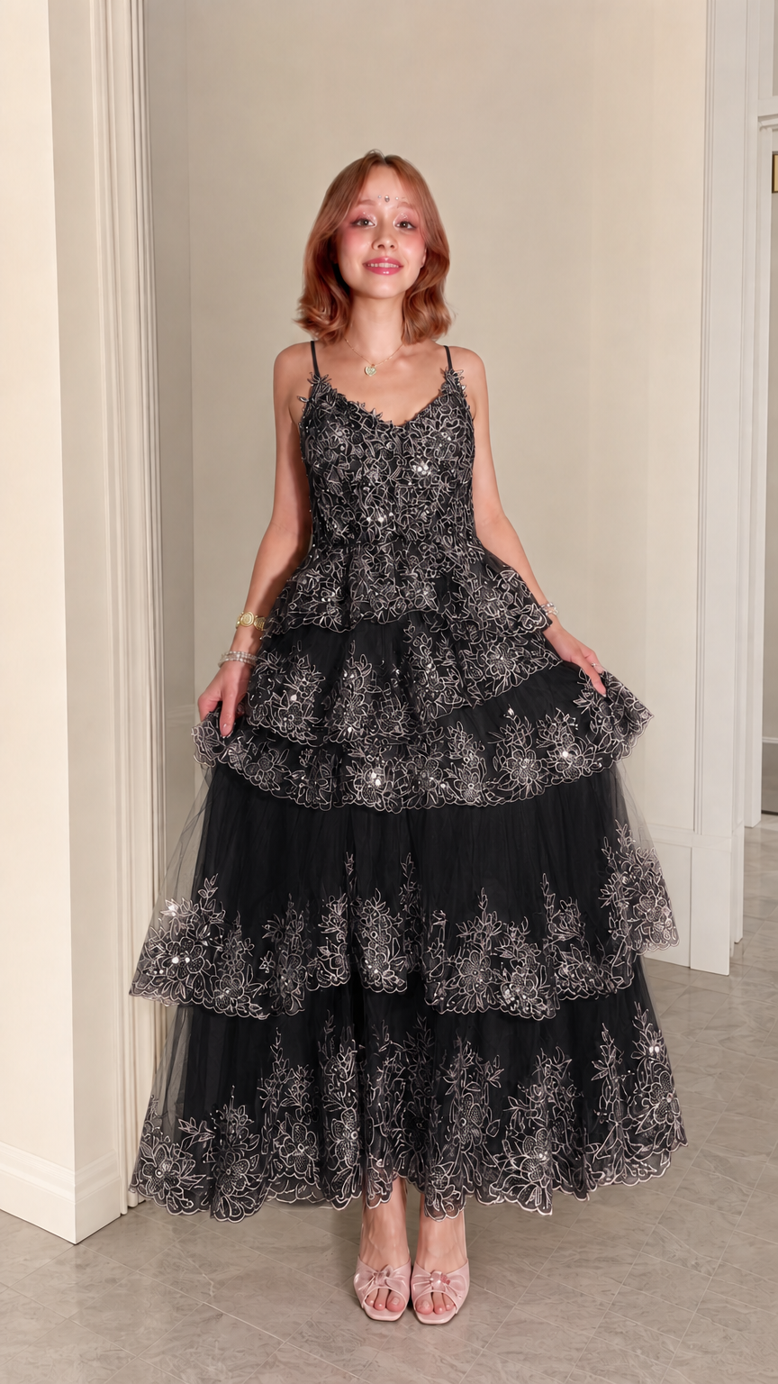 Black Sequined Tiered Tulle Maxi Evening Gown Front View