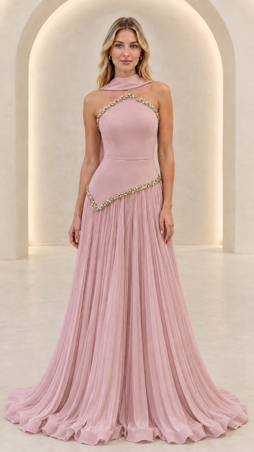 Front view of dusty pink halter maxi evening dress with embellished waistline