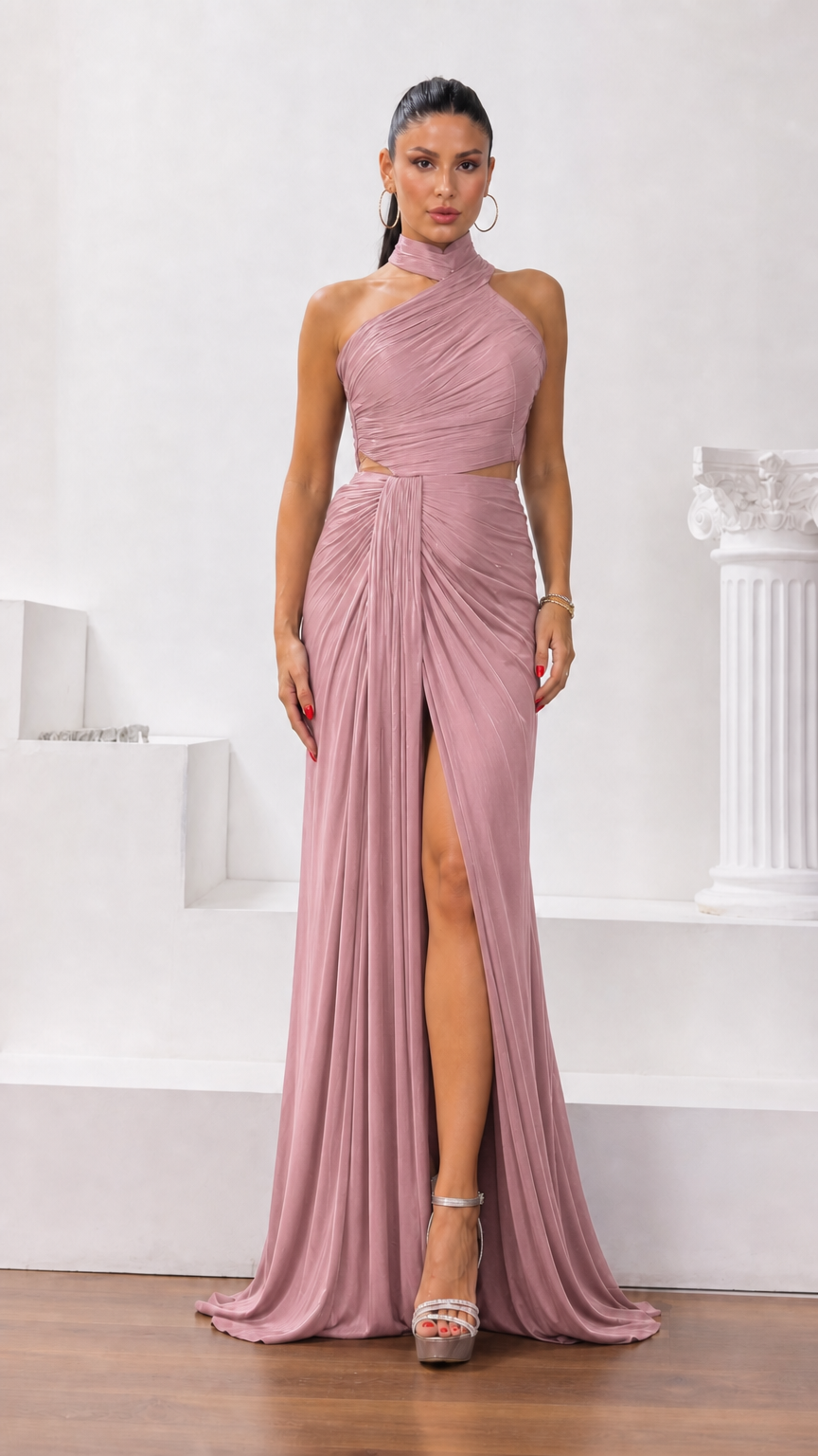 Dusty rose pink halter cutout pleated evening gown with high slit